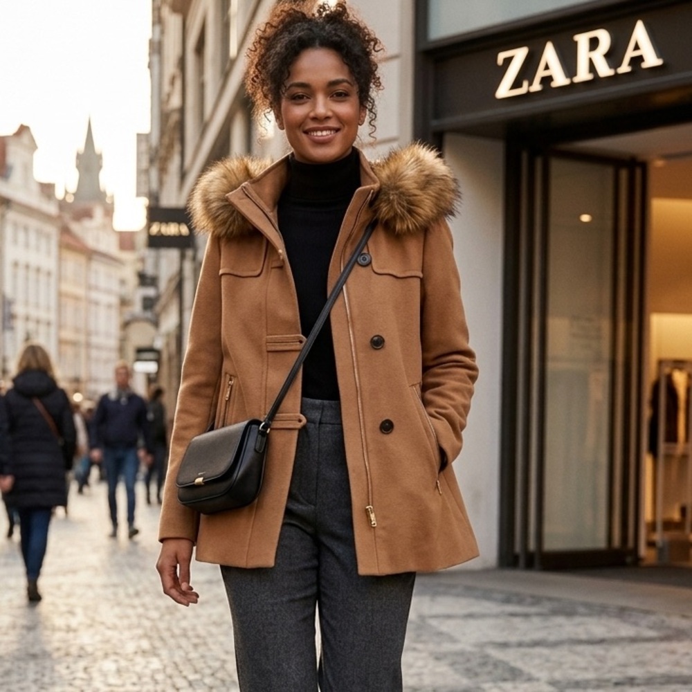 Zara Camel Wool Blend Hooded Coat with Faux Fur Trim